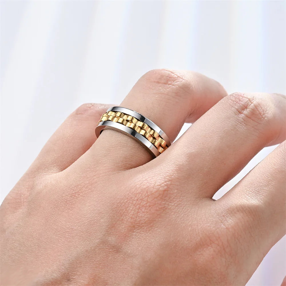 Anti Stress Stainless Steel Ring Gear Chain Rotating Anxiety Relief Spinning Fidget Toy Rings Punk Jewelry