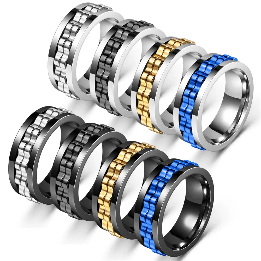 Anti Stress Stainless Steel Ring Gear Chain Rotating Anxiety Relief Spinning Fidget Toy Rings Punk Jewelry